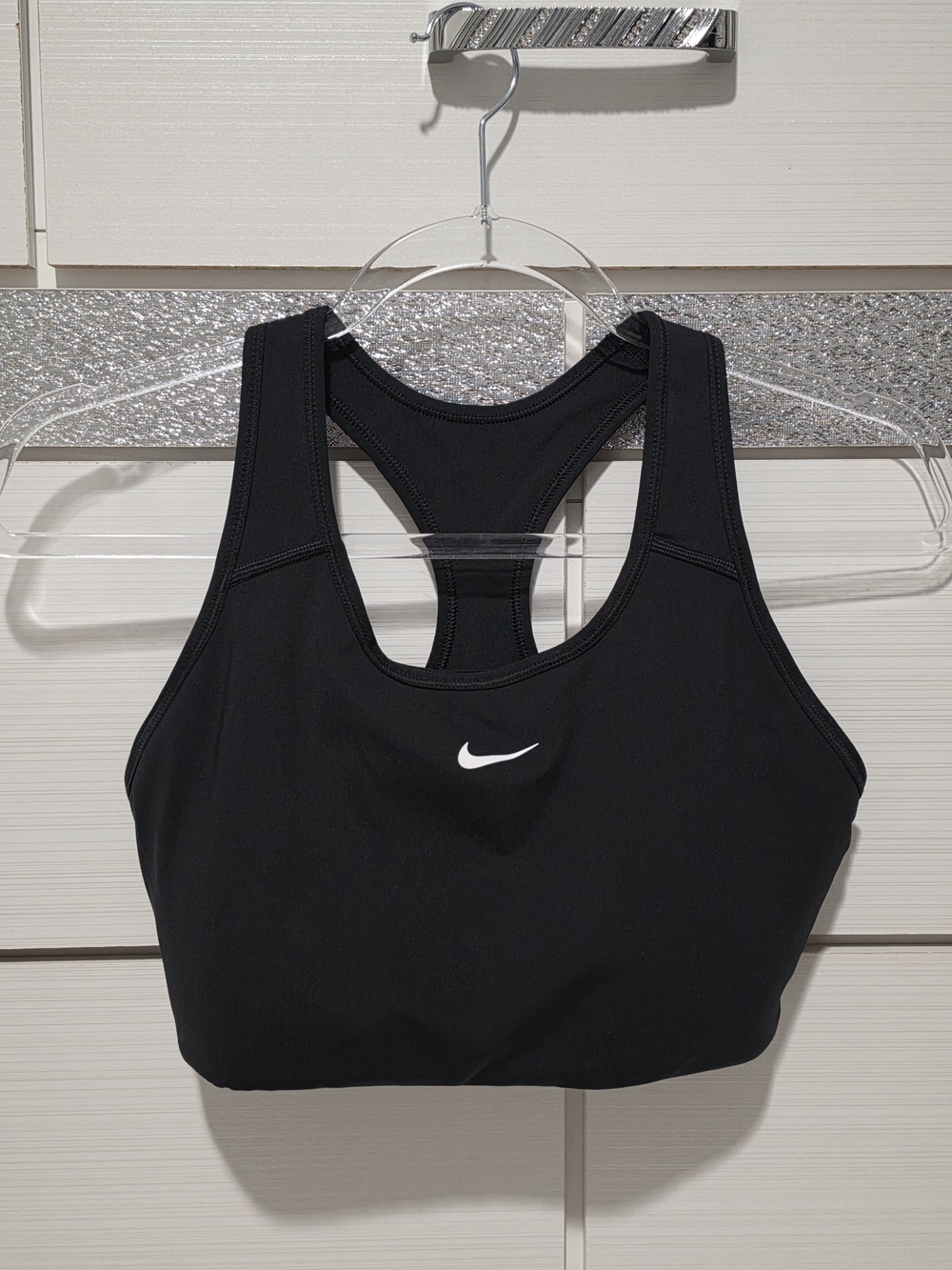 Nike Women's Black Racerback Sports Bra with White Swoosh